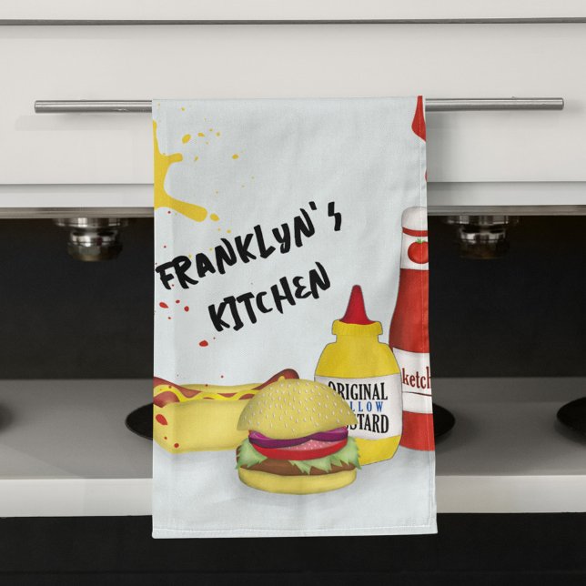 Linge De Cuisine BBQ Cuisine cool personnalisée (Cute kitchen towel with hamburger and hotdog artwork)