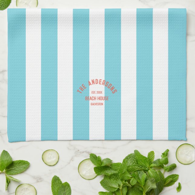 Linge De Cuisine Beach House Nom de famille Blue Cabana Stripe (Plié)