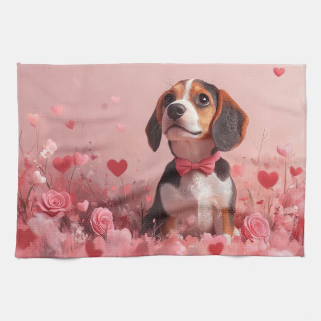 Linge De Cuisine Beagle avec Rose - Saint Valentin (Horizontal)