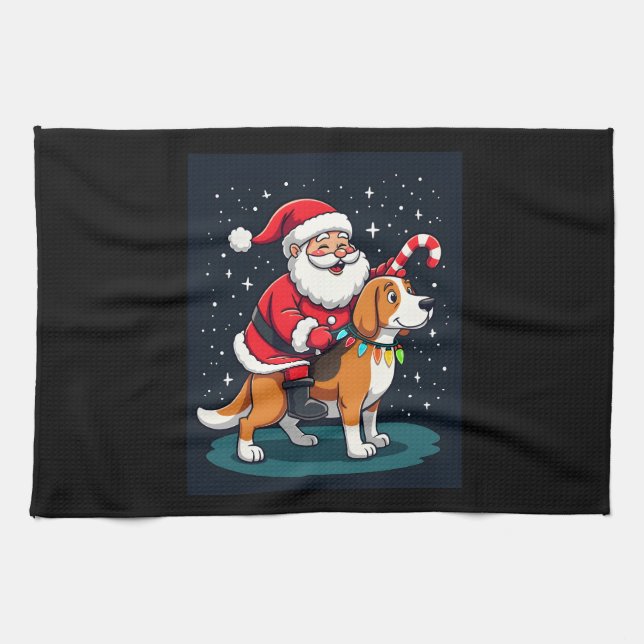 Linge De Cuisine Beagle Xmas Éclairage Père Noël équitation Beagle  (Horizontal)