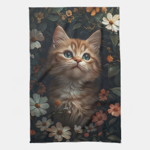 Linge De Cuisine Beau chaton orange avec Fleur sauvage