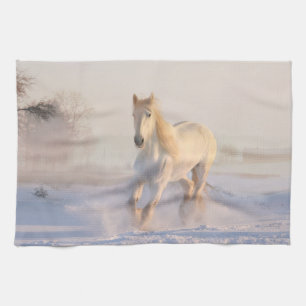 Linge De Cuisine Beau Cheval Blanc Galloping dans la neige