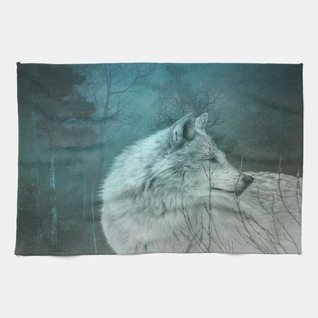 Linge De Cuisine Beau loup gris dans une forêt foncée (Horizontal)