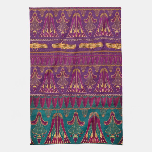 Linge De Cuisine Beau vert violet ancien motif égyptien (Vertical)