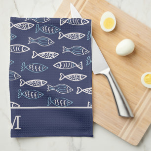 Linge De Cuisine Beaucoup de poissons Motif Monogramme bleu