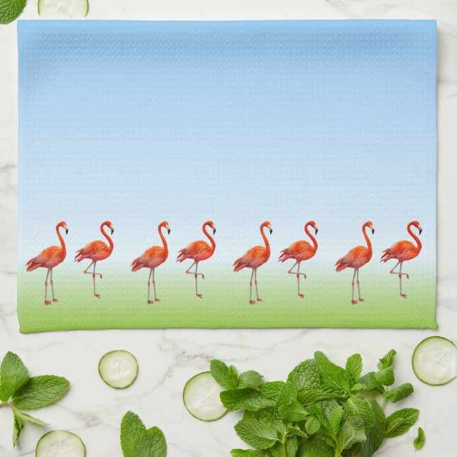 Linge De Cuisine Beaux Flamants roses roses sur dégradé bleu clair (Plié)