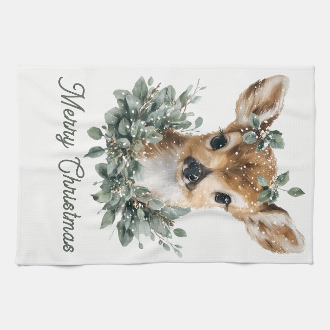 Linge De Cuisine Bébé mignon Cerf Joyeux Noël - Aquarelle Fawn (Horizontal)