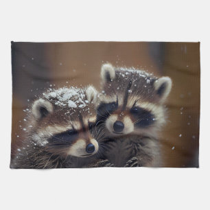 Linge De Cuisine Bébé Raccoons se blottit dans la neige tombante