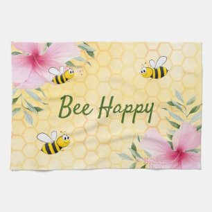 Linge De Cuisine Bee Happy abeilles jaunes nid d'abeilles rose fleu