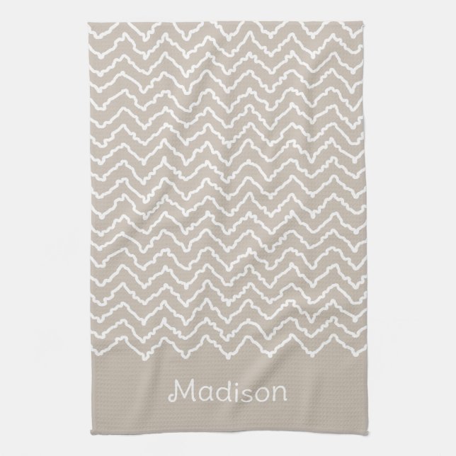 Linge De Cuisine Beige And White Squiggly Chevron Zigzag With Name (Vertical)
