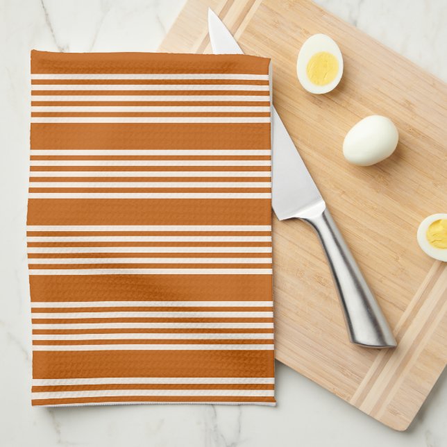 Linge De Cuisine Beige et orange brûlé cinq rayures motif (Quart Plié)