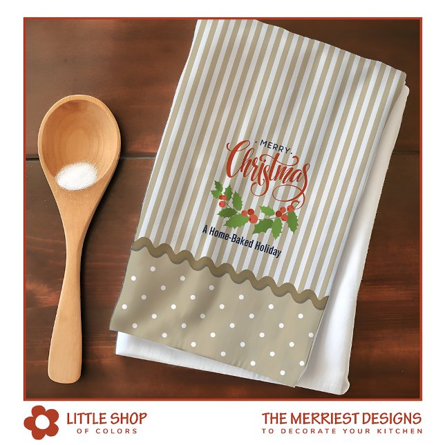 Linge De Cuisine Beige Stripes Holly Feuille Noël (Créateur téléchargé)