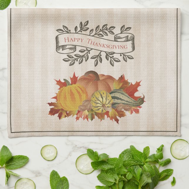 Linge De Cuisine Beige Thanksgiving Citrouilles et Squash (Plié)