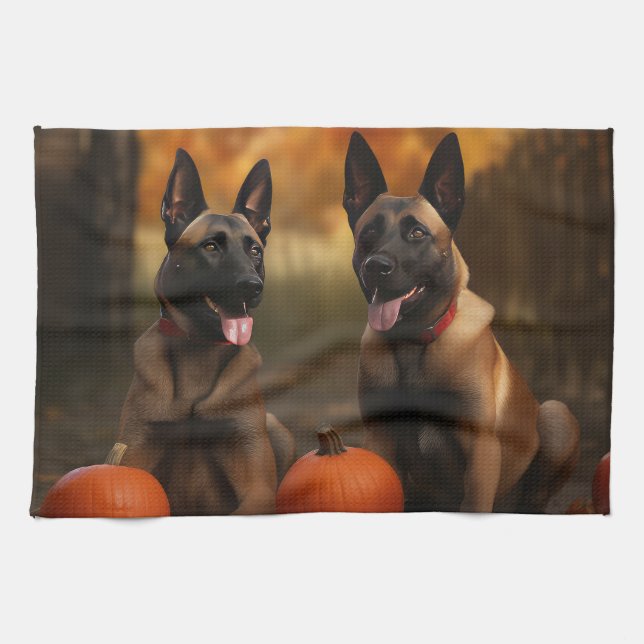Linge De Cuisine Belge Malinoi Puppy Automne Citrouille de plaisir (Horizontal)