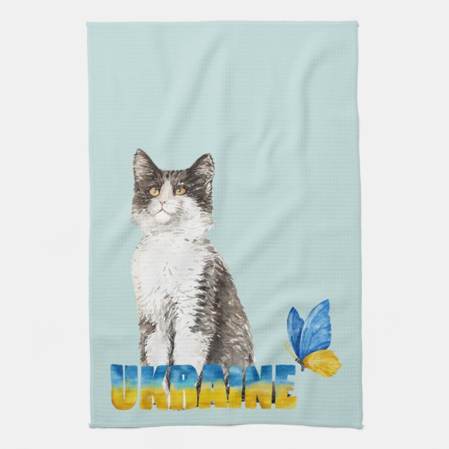 Linge De Cuisine Belle aquarelle Ukraine Chat et Papillon (Vertical)