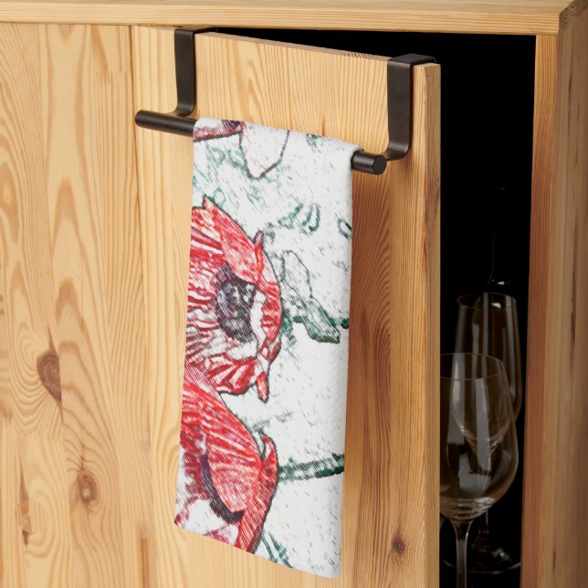 Linge De Cuisine Belle croquis rouge Trois fleurs de pavot (Pliage en tiers)