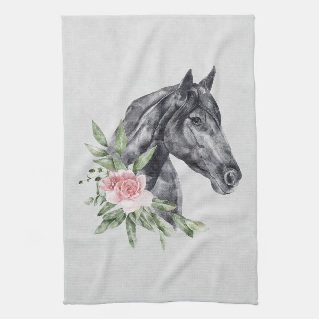 Linge De Cuisine Belle tête de cheval noir Portrait d'aquarelle (Vertical)