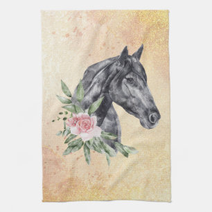 Linge De Cuisine Belle tête de cheval noir Portrait d'aquarelle
