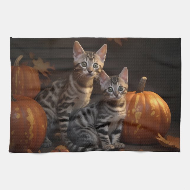 Linge De Cuisine Bengal Kitten Automne Citrouille de plaisir (Horizontal)