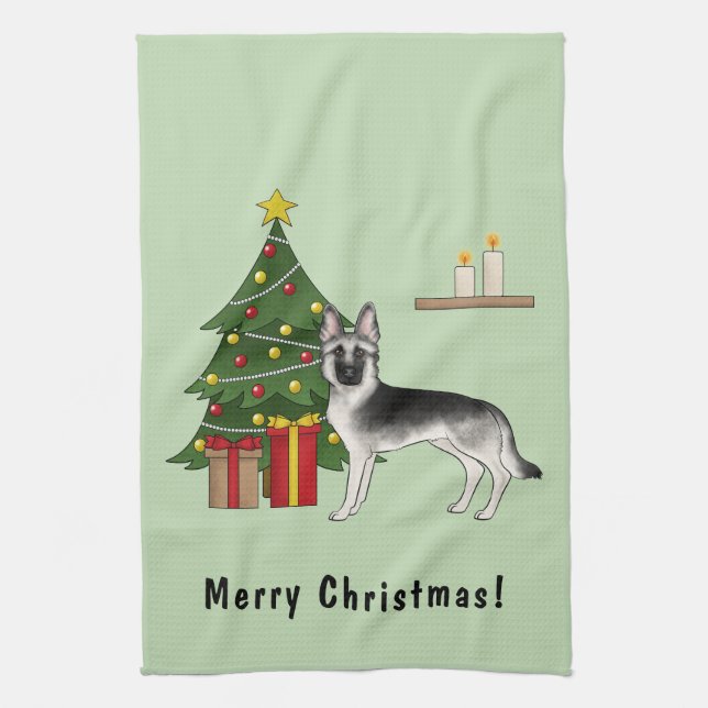 Linge De Cuisine Berger Allemand Gris Argent Arbre de Noël Festif (Vertical)