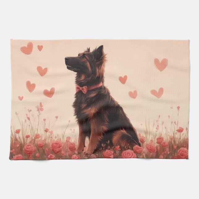 Linge De Cuisine Berger anatolien avec Rose - Saint-Valentin (Horizontal)