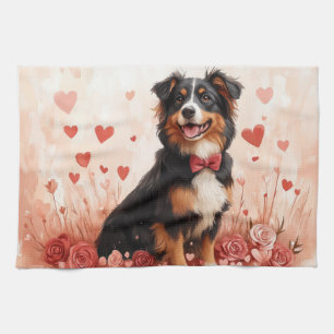 Linge De Cuisine Berger australien avec Rose - Saint Valentin