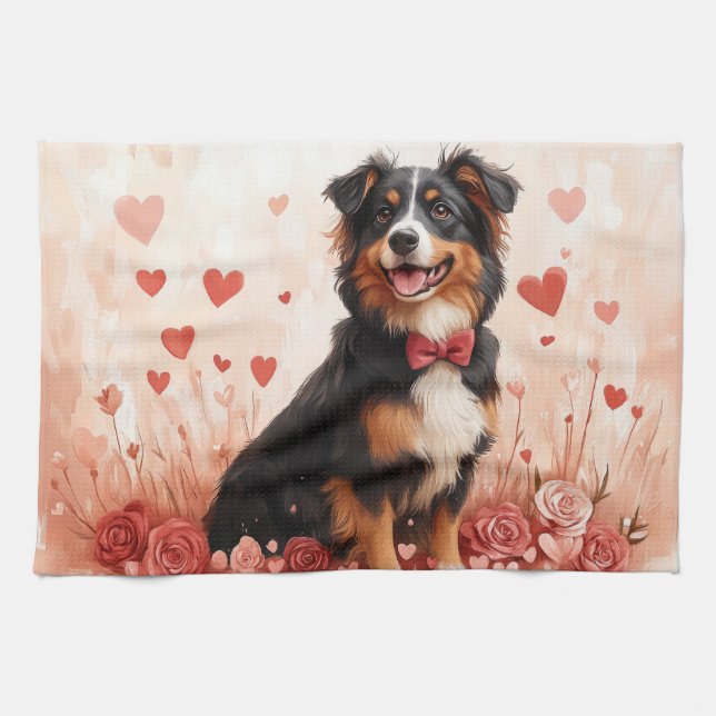 Linge De Cuisine Berger australien avec Rose - Saint Valentin (Horizontal)