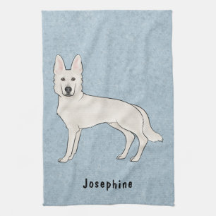 Linge De Cuisine Berger Blanc Suisse Blanc GSD Chien Avec Nom Bleu