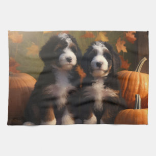 Linge De Cuisine Bernedoodle Chiot Automne Citrouille de plaisir