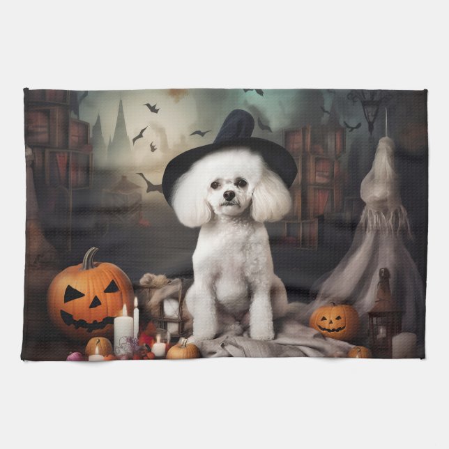 Linge De Cuisine Bichon Frise Citrouilles Halloween effrayant (Horizontal)