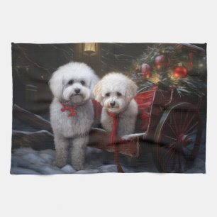 Linge De Cuisine Bichon frisé enneigé traîneau décoration de Noël