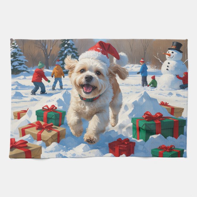 Linge De Cuisine Bichon Frise Noël Festive Scène de neige (Horizontal)