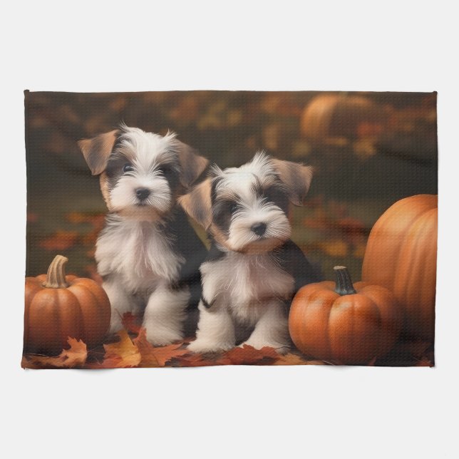 Linge De Cuisine Biewer Terrier Chiot Automne Citrouille délice (Horizontal)