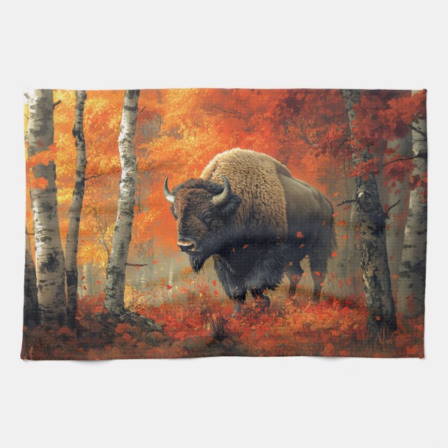 Linge De Cuisine Bison dans l'artisanat boisé d'automne (Horizontal)