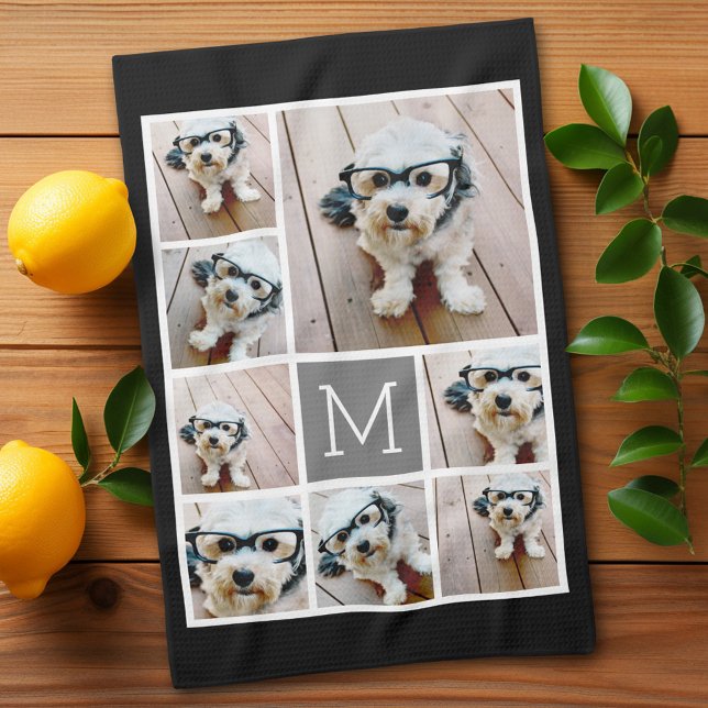 Linge De Cuisine Black and Grey 8 Photo Collage classique monogramm (Personalized kitchen towel with 8 photos)