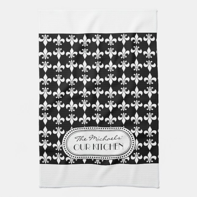 Linge De Cuisine Black | Blanc Fleur de Lis Monogram Motif (Vertical)