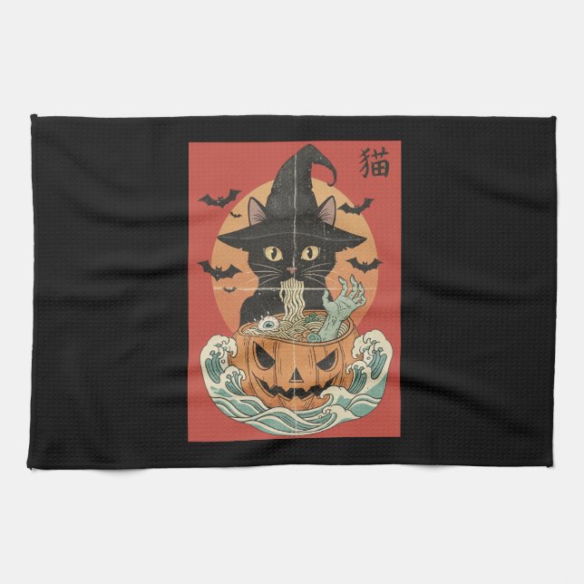 Linge De Cuisine Black cat eats Japanese ramen for Halloween (Horizontal)