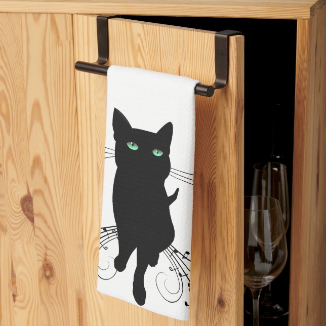 Linge De Cuisine Black Cat Surrounded by Whispering Notes of Music (Pliage en tiers)
