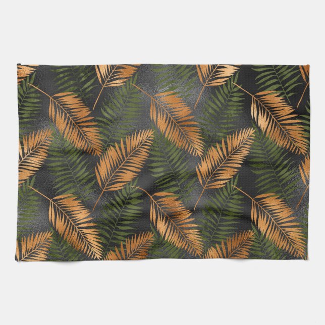 Linge De Cuisine Black Copper Brown Palm Tree Leaf Glam Tropical (Horizontal)