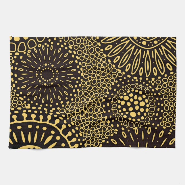 Linge De Cuisine Black Gold Ethnic Floral Pattern Kitchen Towel (Horizontal)