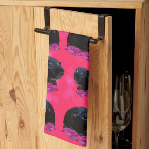 Linge De Cuisine Black Guinée Pigs On Pretty Pink Rose