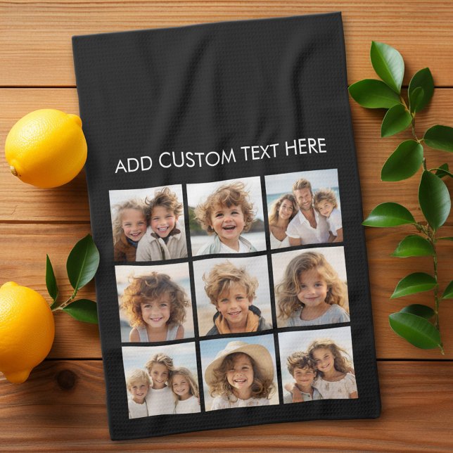 Linge De Cuisine Black Instagram Photo Collage avec 9 photos carrés (Custom Kitchen Towel with Photo Collage)