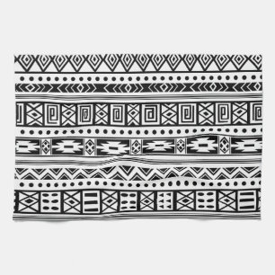 Linge De Cuisine Blanc Avec Black Tribal Ikat Motif sans couture