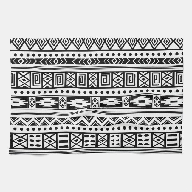 Linge De Cuisine Blanc Avec Black Tribal Ikat Motif sans couture (Horizontal)