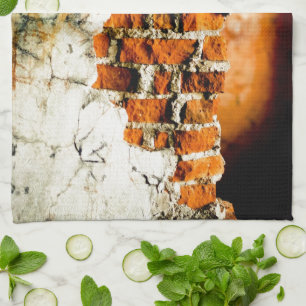 Linge De Cuisine Blanc et orange Mur en briques cassées