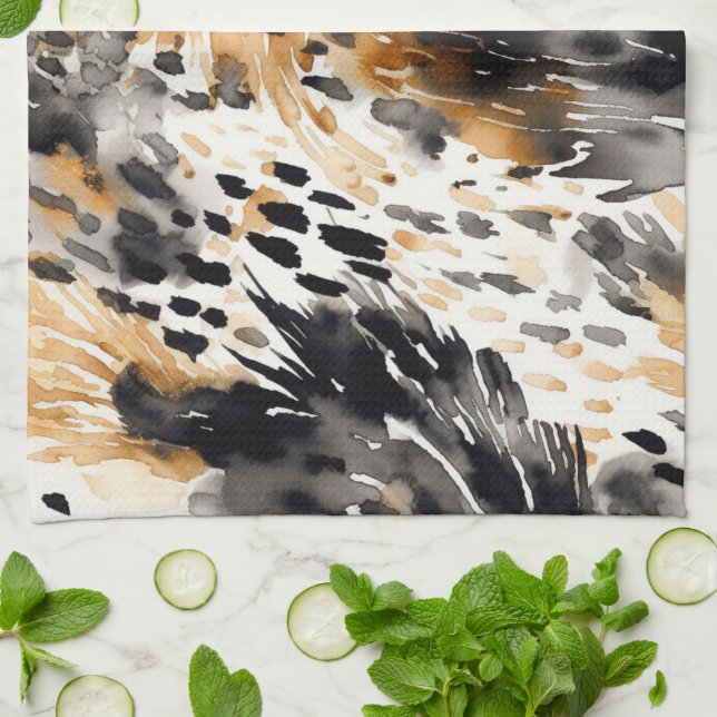 Linge De Cuisine Blanc Noir Crème Léopard Animal   (Plié)