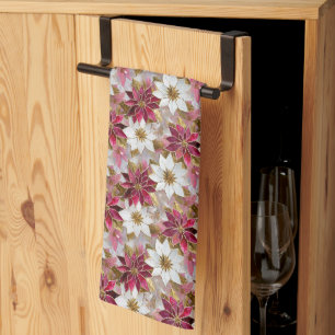 Linge De Cuisine Blanc Or Bourgogne rose Poinsettias de Noël