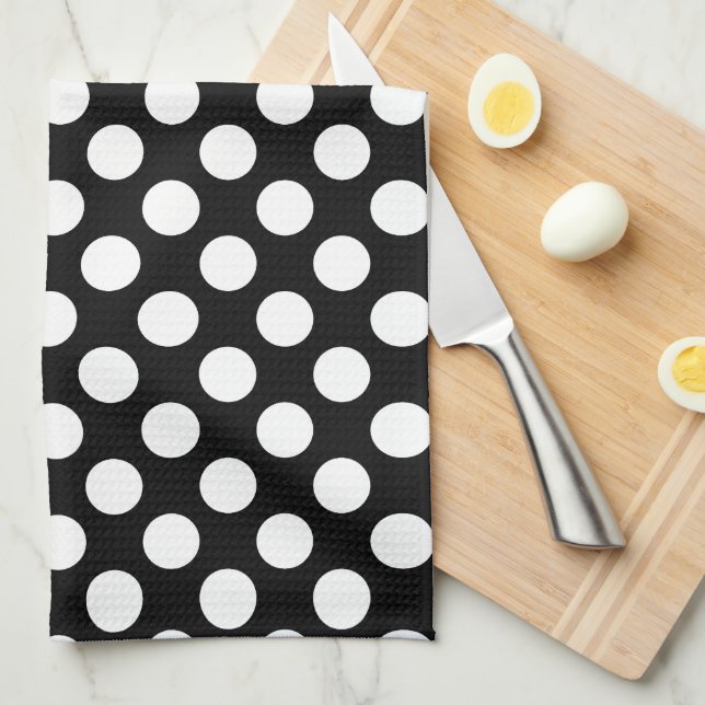Linge De Cuisine Blanc sur Noir Grand Taille Pois (Quart Plié)