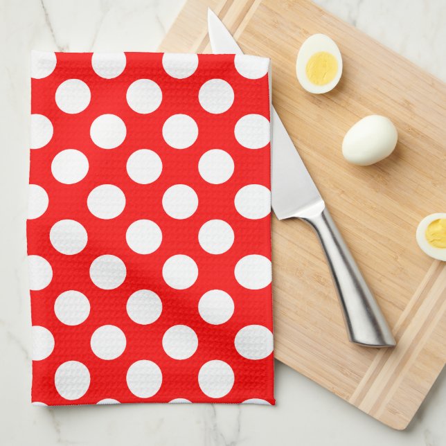 Linge De Cuisine Blanc sur rouge grand format Pois (Quart Plié)