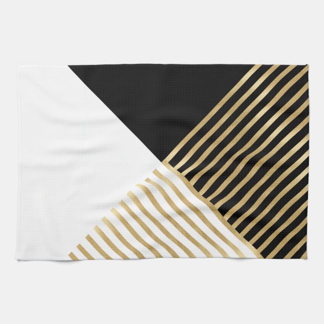 Linge De Cuisine Blancs d'or géométrique noir moderne (Horizontal)